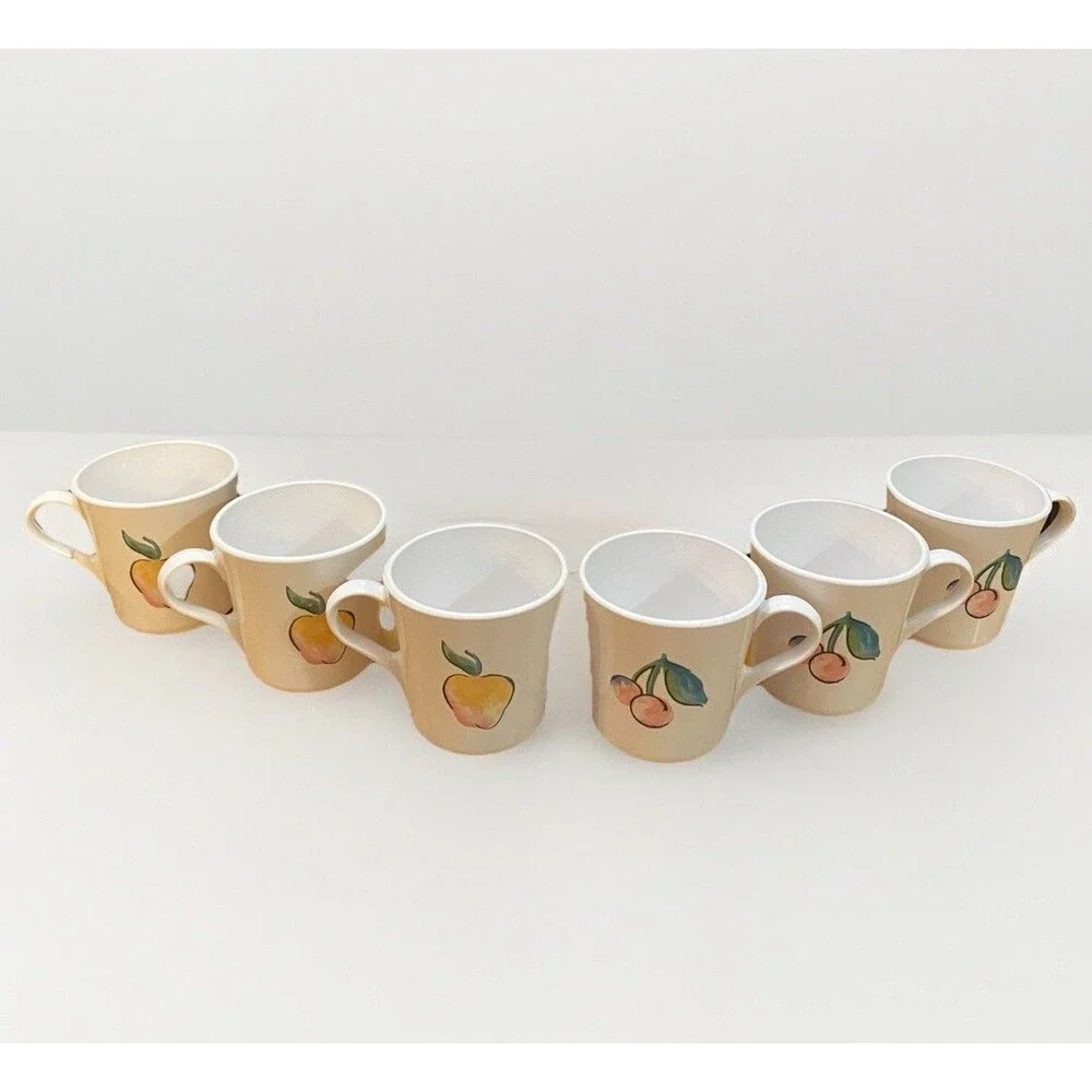 Corelle Fruit Basket Mugs Set 6 Apples Cherries White Coffee Cups Vintage Tea